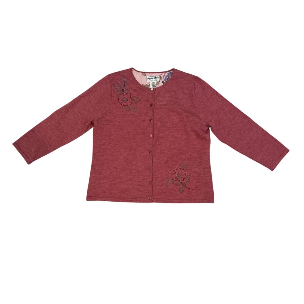 Pendleton Merino Wool Cardigan Women's L Silk Lined Beaded Floral Mauve EUC